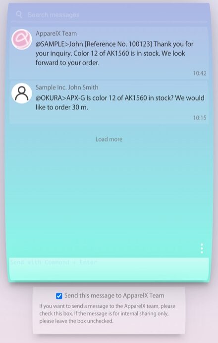 Die Ansicht von ApparelX Message™ mit dem Eingabefeld und dem Kontrollkästchen „Diese Nachricht an das ApparelX-Team senden“