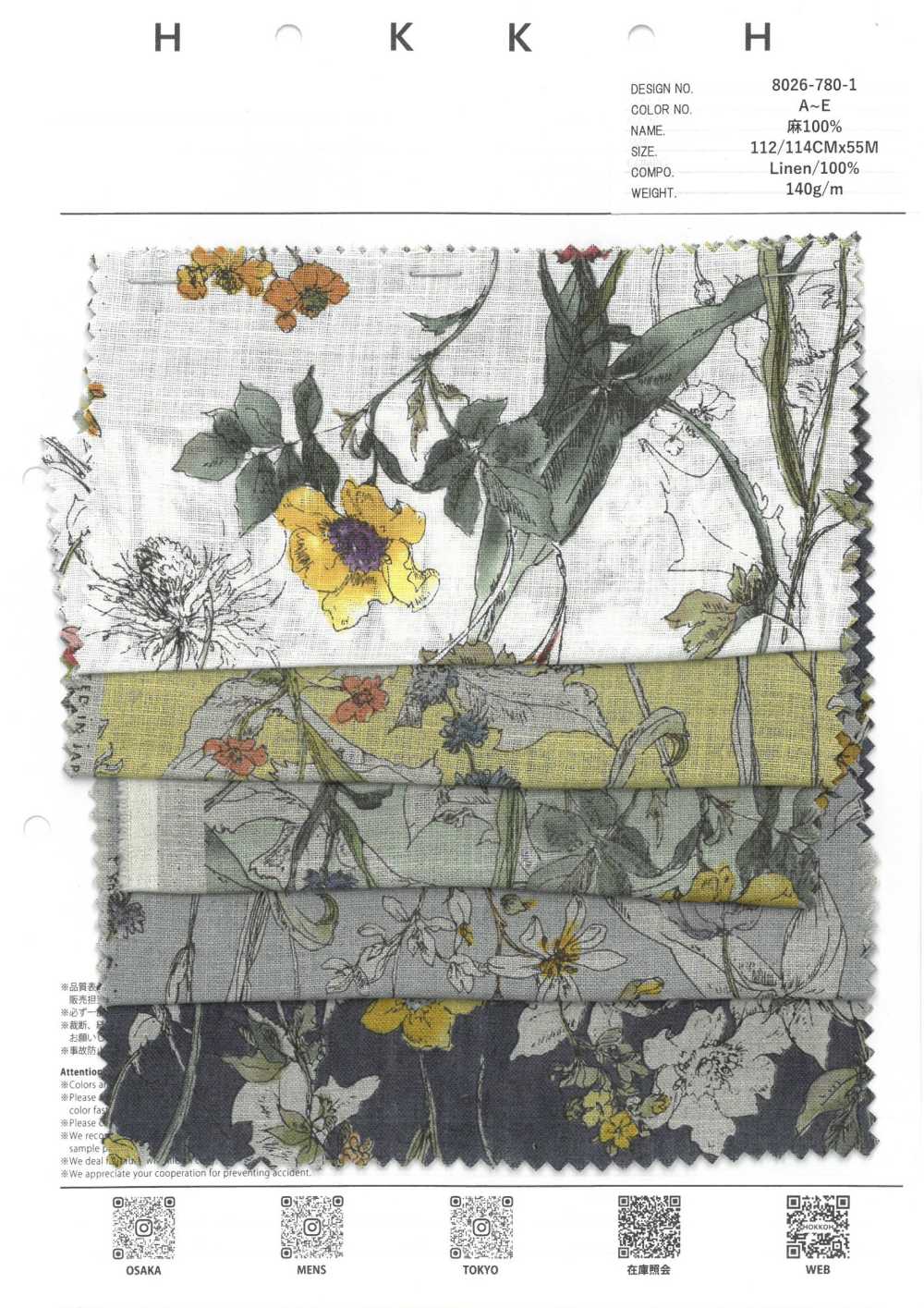 8026-780-1 100 % Leinen Aquarell Blumen[Textilgewebe] HOKKOH