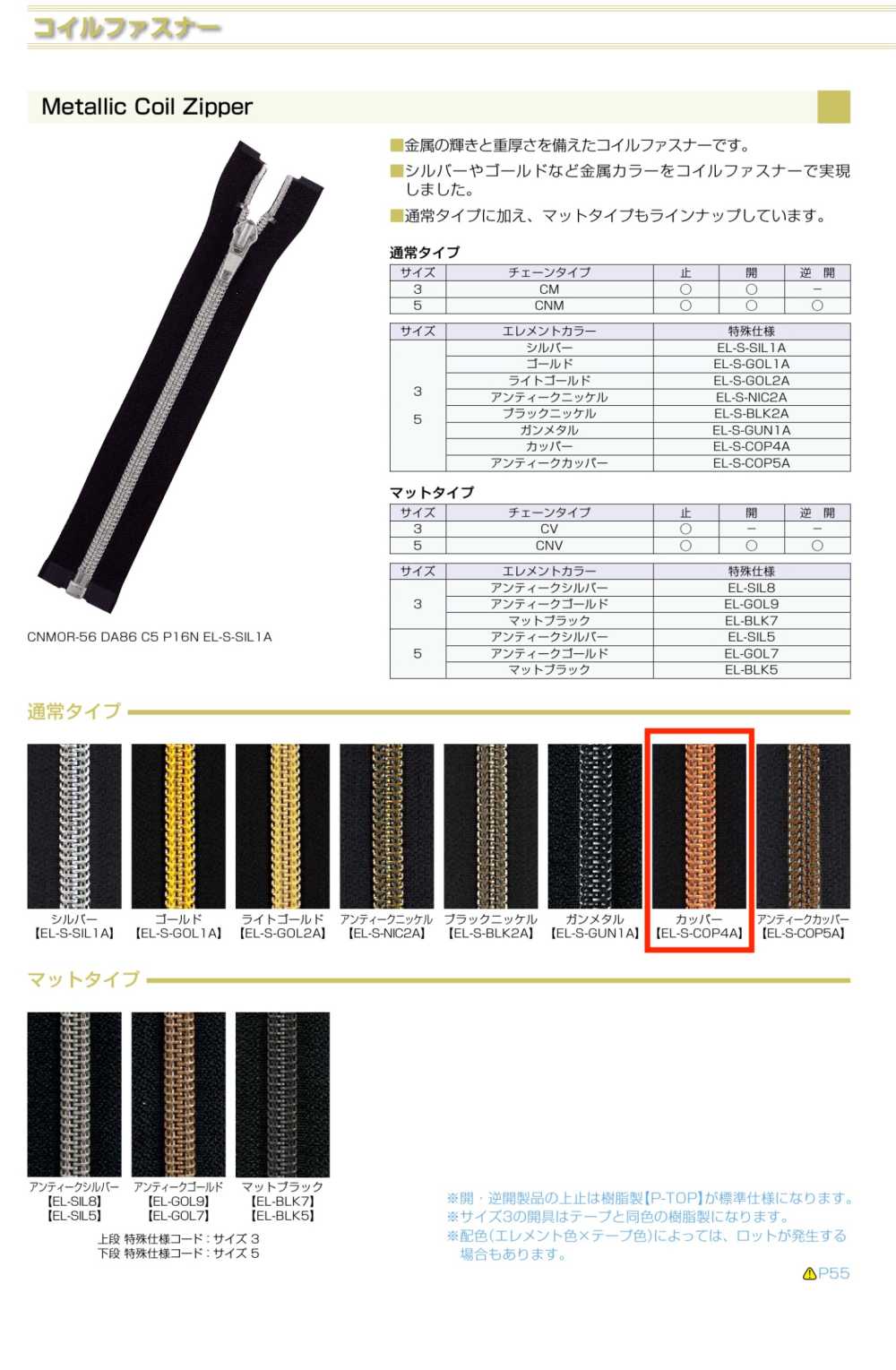 3CNMOR-EL-COP4 Metallischer Spiralreißverschluss, Größe 3, Gunmetal, Offen[Reißverschluss] YKK