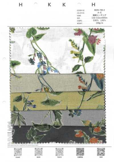 8026-790-2 Baumwoll-Leinen-Nesselstoff mit handgezeichneten Blumen