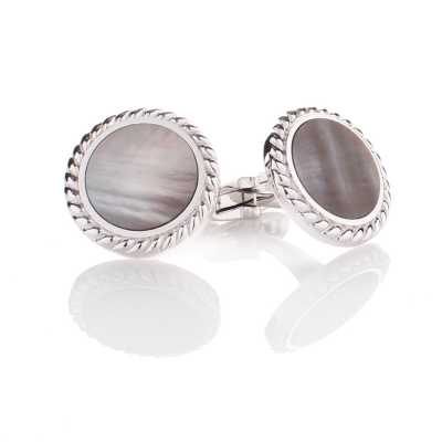 A-2 Formelle Manschettenknöpfe aus Sterling-Silber, schwarzes Perlmutt, silberfarben, rund
