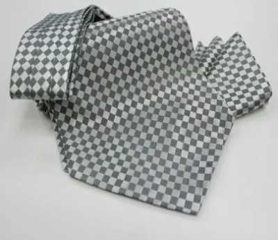 MS-5005 Set aus handgebundener Ascot-Krawatte und Einstecktuch, graues Karomuster