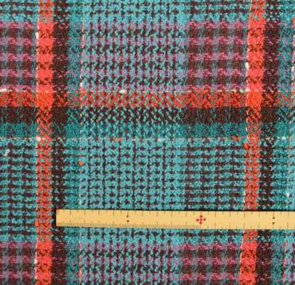 Y6513 LINTON Tweedstoff Made in England, kariertes Muster in Türkisblau x Rot