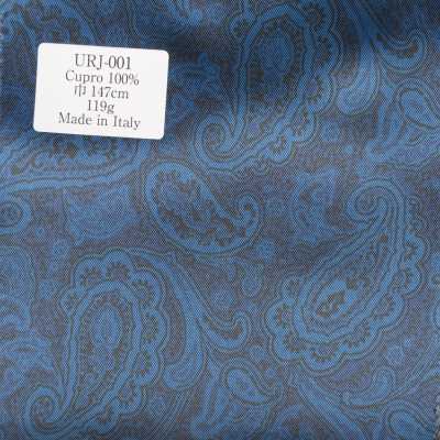 URJ-001 In Italien hergestelltes, bedrucktes Futter aus 100 % Cupro, blaues Paisley-Muster