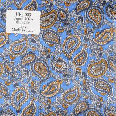 URJ-003 In Italien hergestelltes, bedrucktes Futter aus 100 % Cupro mit blauem Paisley-Muster