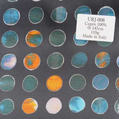 URJ-008 In Italien hergestelltes, bedrucktes Futter aus 100 % Cupro, Punktmuster, Grundfarbe Marineblau