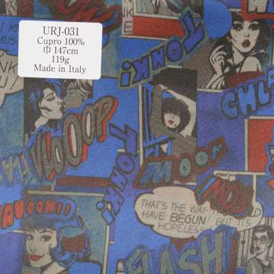 URJ-031 Hergestellt in Italien 100% Cupro bedrucktes Futter Comic-Muster auf blauem Grund