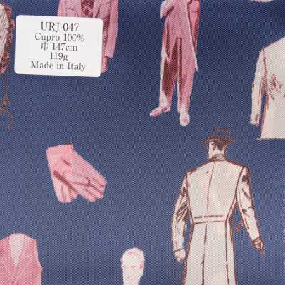 URJ-047 Hergestellt in Italien, bedrucktes Futter aus 100 % Cupro, Gentleman-Muster Blau