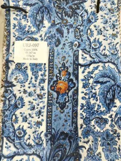 URJ-097 In Italien hergestelltes, bedrucktes Futter aus 100 % Cupro, blaues Paisley