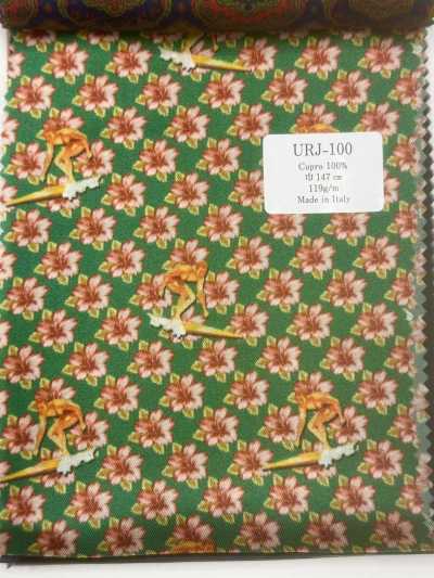 URJ-100 In Italien hergestelltes 100 % Cupro bedrucktes Futter, Blumenmuster, Grün