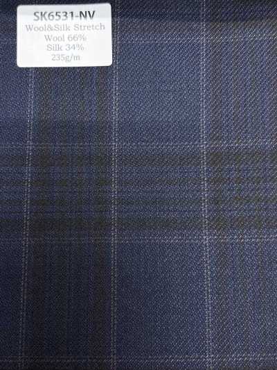 SK6531-NV Hergestellt in Japan, Stretch aus Seide und Wolle, marineblau kariert