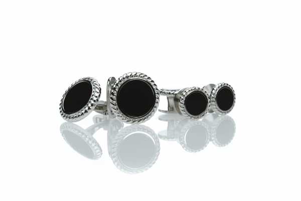 A-1 Formelles Manschettenknöpfe- und Hemdknopf-Set aus Sterlingsilber, Onyx, Silber, rund