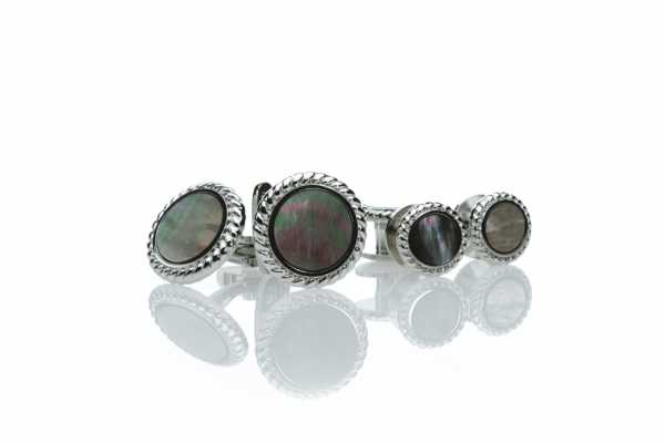 A-2 Sterlingsilber-Set mit Manschettenknöpfen und Hemdknöpfen, schwarzes Perlmutt, silberfarben, rund