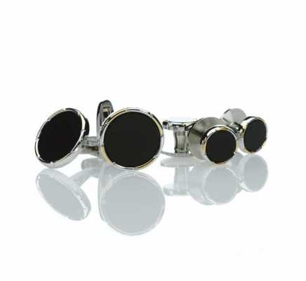 CB-1 Formelles Manschettenknopf- und Hemdknopf-Set Onyx Gold & Silber Rund