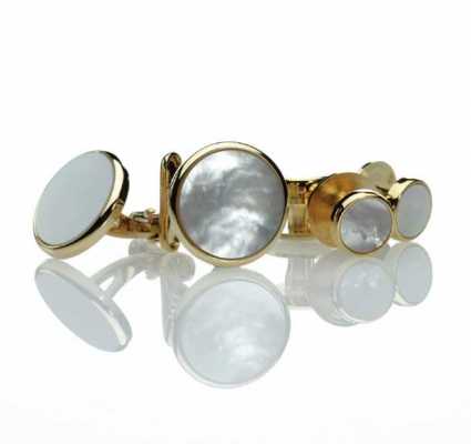 F-3 Formelles Manschettenknopf- und Nieten-Set, Perlmutt, Gold, rund