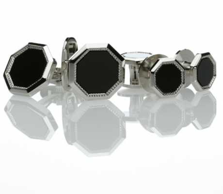G-1 Formelles Manschettenknopf- und Hemdknopf-Set, Onyx, Silber, achteckig