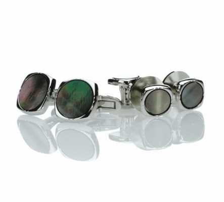 K-2 Formelles Manschettenknopf- und Hemdknopf-Set aus Sterlingsilber, schwarzes Perlmutt, silberfarben, abgerundetes Quadrat