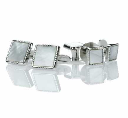 P-3 Formelles Manschettenknopf- und Hemdknopf-Set aus reinem Silber, weißes Perlmutt, quadratisch, silberfarben