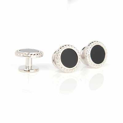 A-1-S Sterlingsilber-Knopf, Onyx, Silber, rund